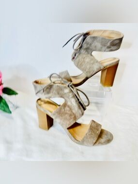 Chunky Wood Block Heel Taupe Lace Up Sandals with Thick Ankle Support Strap Sz 7
